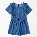 Solid Blue Ruffle Short-sleeve Shorts Romper for Mom and Me Azure