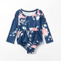 Floral Print Matching Long Sleeve Dresses for Mom and Me Dark Blue