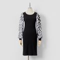 Ribbed Leopard Print Splice Long-sleeve Cotton Matching Black Midi Dresses Black