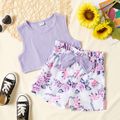 Kid Girl Solid Tank Top Floral Print Bowknot Decor Shorts 2-piece Set Purple