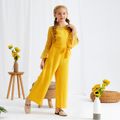 Kid Girl Flower Embroidery Lace Hollow out Bell sleeves (Multi Color Available) Jumpsuits with Belt Yellow