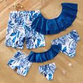Family Look Ruffle Solid Top Leaf Print Matching Swimsuits Dark Blue