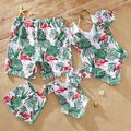 Family Look Flounce Sleeve Flamingo and Leaf Print One-piece Matching Swimsuits Green/White