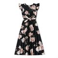 Black Floral Print Ruffle-sleeve Dresses for Mommy and Me Black