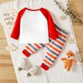 2pcs Baby Boy/Girl Cartoon Fox and Letter Print Raglan Long-sleeve T-shirt and Striped Trousers Set Orange