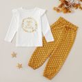 2-piece Kid Girl Letter Floral Print Ruffled Long-sleeve Tee and Polka Dots Bowknot Paperbag Pants Set White