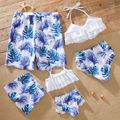 Family Look Solid Ruffle Top and Plant Print Shorts Matching Swimsuits White