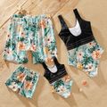 Floral Print Family Matching Swimsuits(One-piece Tank Swimsuits for Mom and Girl ; Swim Trunks for Dad and Boy) Black