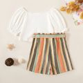 Kids Girl Solid Top and Striped Bowknot Shorts Set White