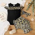 3pcs Leopard and Zebra Print Short-sleeve Black Baby Set Black/White/Red
