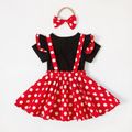 3pcs Baby Girl 95% Cotton Ruffle Short-sleeve Top and Polka Dots Bowknot Suspender Skirt with Headband Set Black/White/Red image 2
