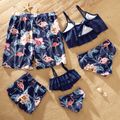 Family Look Solid Ruffle Top Floral Print Shorts Matching Swimsuit Dark Blue