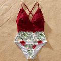 Family Look Floral Print Stitching Solid One-piece Matching Swimsuits Burgundy