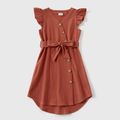 100% Cotton Solid Ruffle Sleeves Dresses for Mommy and Me Red