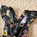 2pcs Baby Girl Solid Ribbed Long-sleeve Romper and Floral Print Black Ruffle Overall Dress Set Dark Blue/white