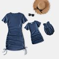 Light Green Solid Drawstring Design Cotton Short Sleeve Mini Dresses for Mommy and Me Deep Blue image 1