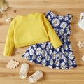 Baby Girl 2pcs Long-sleeve Ribbed Top and Floral Daisy Print Sleeveless Dress Set Color block