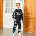 2-piece Kid Boy Dinosaur Letter Allover Print Hooded Sweatshirt and Pants Set Black