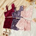 2-piece Toddler Girl One Shoulder Ruffled Strap Top and Bowknot Decor Elasticized Shorts Velvet Set Pink image 2