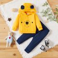 2-piece Baby Boy Bear Print Ear Decor Button Design Hoodie and Elasticized Solid Pants Set Yellow