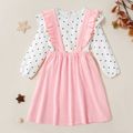 Trendy Polka Dots Ruffled Longsleeves Top and Suspender Dress Set Pink