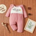 Baby Girl Letter and Floral Print Ruffle Long-sleeve Jumpsuit Pink