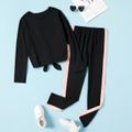 2-piece Kid Girl Letter Print Tie Knot Long-sleeve Tee and Colorblock Pants Set Black
