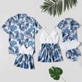 Leaves Print Family Matching Tops（Cami Tops for Mom and Girl ; Short Sleeve Front Buttons Shirts for Dad and Boy) Color block