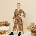 Trendy Leopard Print Flared-sleeves Bowknot Jumpsuit Yellow