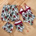 Floral Leaf Print Family Matching Swimsuits（One-piece Sling Swimsuits for Mom and Girl ; Swim Trunks for Dad and Boy） Burgundy