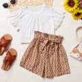 Kid Girl Flounced Solid Top Bowknot Decor Printed Shorts Casual Set White