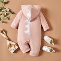 Solid Dinosaur Design Hooded Long-sleeve Baby Jumpsuit Pink