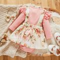 2pcs Baby Girl 95% Cotton Ribbed Long-sleeve Faux-two Floral Print Romper with Headband Set Pink image 3