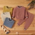 100% Cotton 2pcs Solid Stripe Decor Knitted Long-sleeve Baby Set Apricot image 3