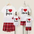 Love Heart Letter Print Top and Plaid Shorts Family Matching Pajamas Sets(Flame resistant) Red/White