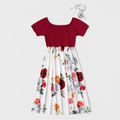 Floral Print Short-sleeve Matching Midi Dresses Burgundy