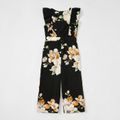 Floral Print Flutter-sleeve Matching Black Jumpsuits Black