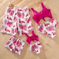 Floral Flamingo Print Family Matching Swimsuits(One-piece Front Tie Tank Swimsuits for Mom and Girl ; Swim Trunks for Dad and Boy) Hot Pink