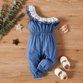 100% Cotton Lace Ruffle Cold Shoulder Strapless Baby Denim Jumpsuit Light Blue