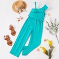 Kid Girl Solid Faux-two One Shoulder Sleeveless Strap Jumpsuits with Belt Blue