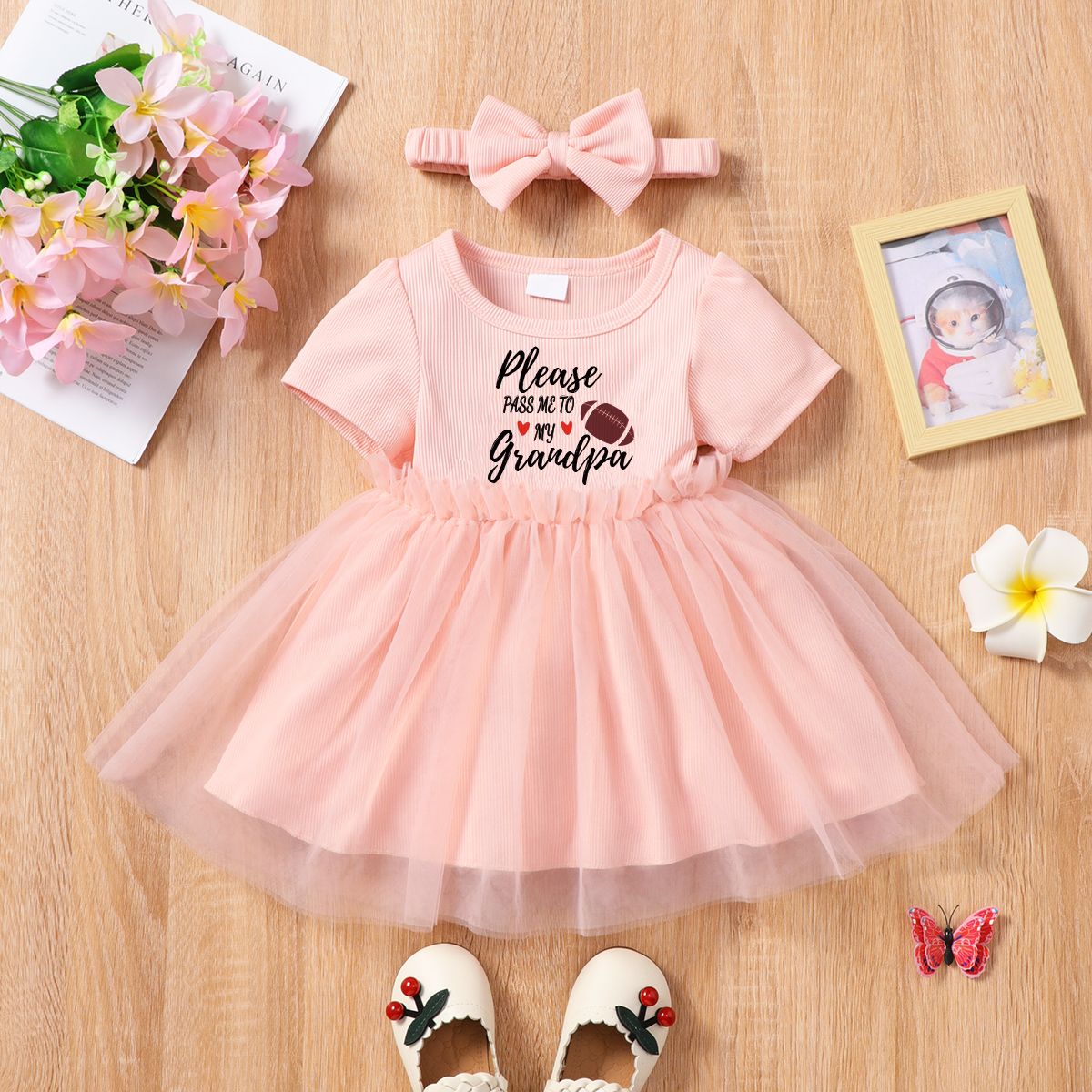2pcs Baby Girl Football and Letter Print Pink Ribbed Short-sleeve Splicing  Mesh Dress with Headband Set Only $12.99 Patpat US Mobile