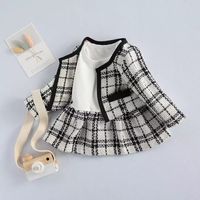 2-piece Toddler Girl Long-sleeve White Plaid Stitching Dress and Cardigan Set