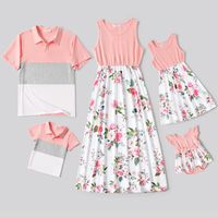 Family Matching Pink Sleeveless Splicing Floral Print Midi Dresses and Colorblock Short-sleeve Polo Shirts Sets