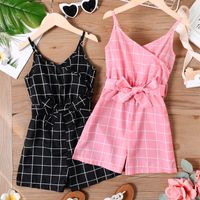 Kid Girl Plaid Surplice Neck Belted Cami Rompers