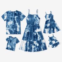 Family Matching Blue Tie Dye Spaghetti Strap Tiered Dresses and Short-sleeve T-shirts Sets