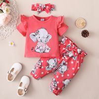 3pcs Baby Girl Cartoon Elephant Print Ruffle Short-sleeve T-shirt and Dots Bowknot Trousers with Headband Set