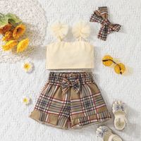 3pcs Baby Girl Pom Poms Flower Ribbed Camisole and Plaid Shorts with Headband Set