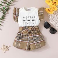 Baby Girl Letter Print Ribbed Splicing Plaid Flutter-sleeve Belted Faux-two Romper