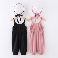 2pcs Baby Boy/Girl Solid Spaghetti Strap Overalls with Hat Set