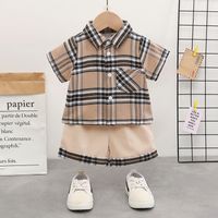 100% Cotton 2pcs Baby Boy Plaid Short-sleeve Shirt and Shorts Set